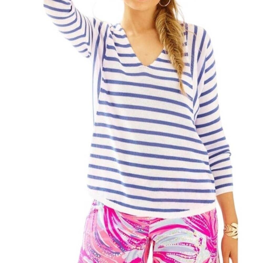 Lilly Pulitzer Stasia Sweater Sz XXS Iris Blue‎ Serene White Stripe Yarn Dye